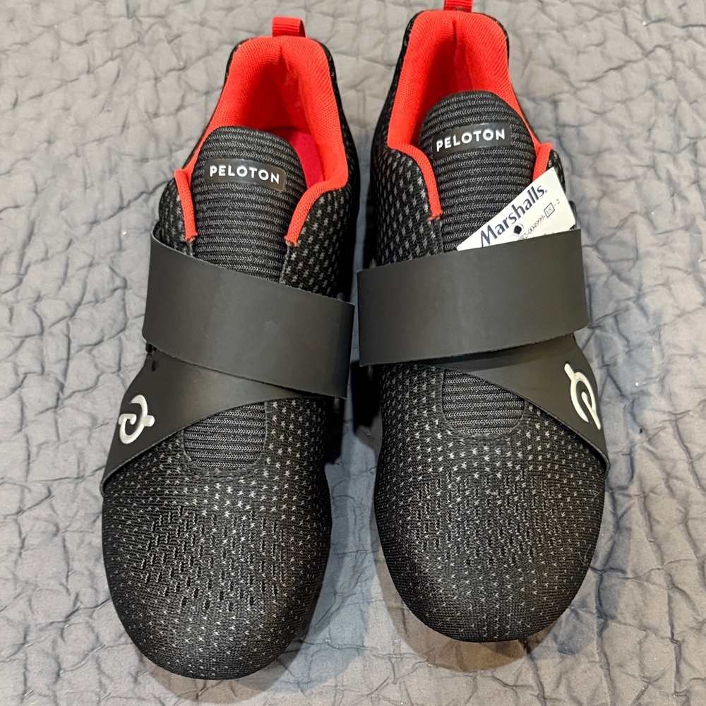 Peloton Black Cycling Shoes with Vibrant Red Accents
